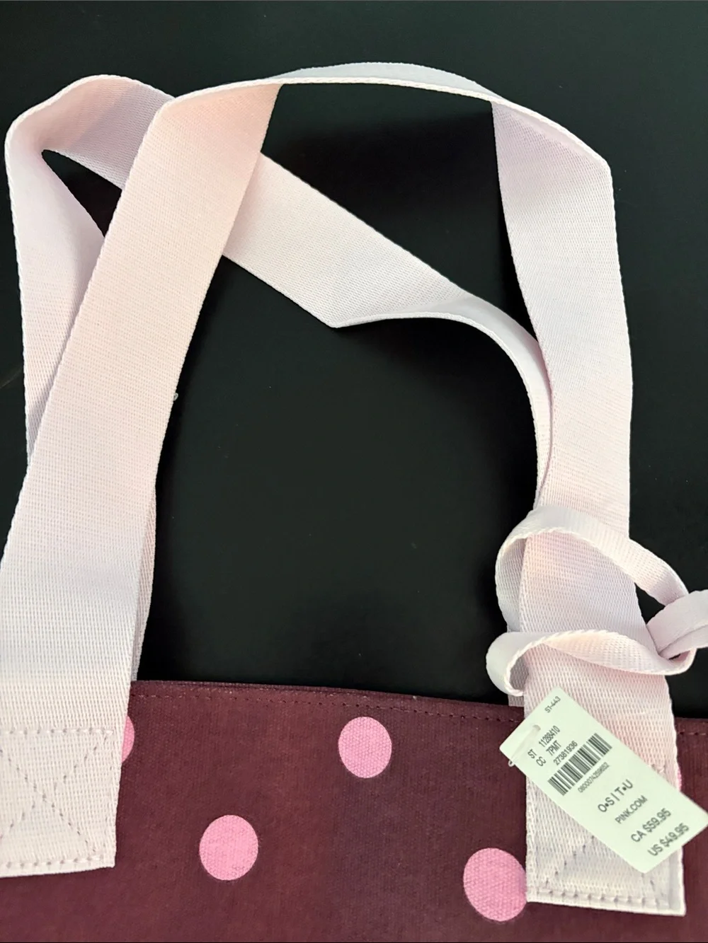 PINK Victoria's Secret Burgundy Tote with Pink Polka Dots and Matching Pouch